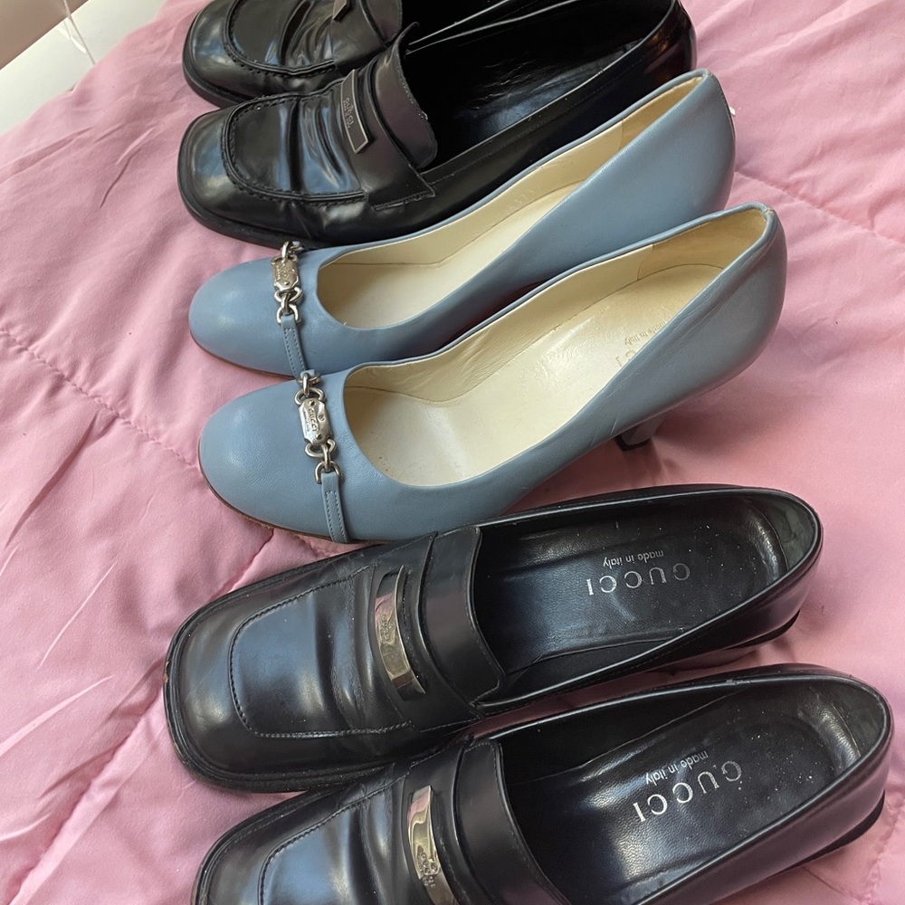 3 pairs of Gucci shoes: 2 loafers and one pair of pretty blue pumps!
